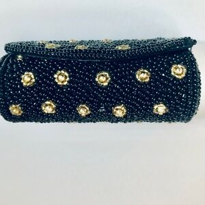 Lipstick case beaded black with gold tone studs with mirror new never used